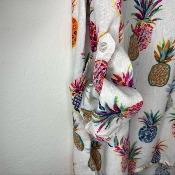 Sigrid Olsen Pineapple Novelty Multicolor Print Linen Blend Top With Pockets - Picture 7 of 10